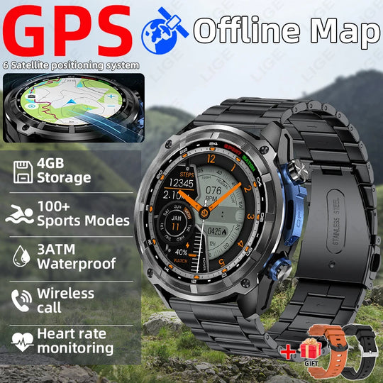 GPS rugged outdoor smartwatch with offline maps, 4GB storage, sports modes, 3ATM waterproofing, wireless calling and heart rate monitoring