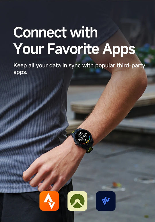 GPS iGPSPORT VeRun sports watch worn outdoors, promoting connection with favorite apps and third-party data syncing.