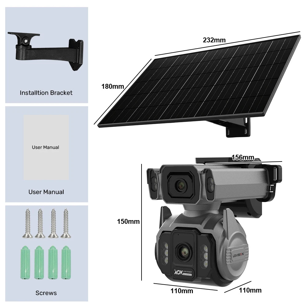 GPS solar surveillance camera measurement diagram with solar panel, camera, mounting bracket, manual, and screws labeled 232 mm, 180 mm, 166 mm, 150 mm, and 110 mm