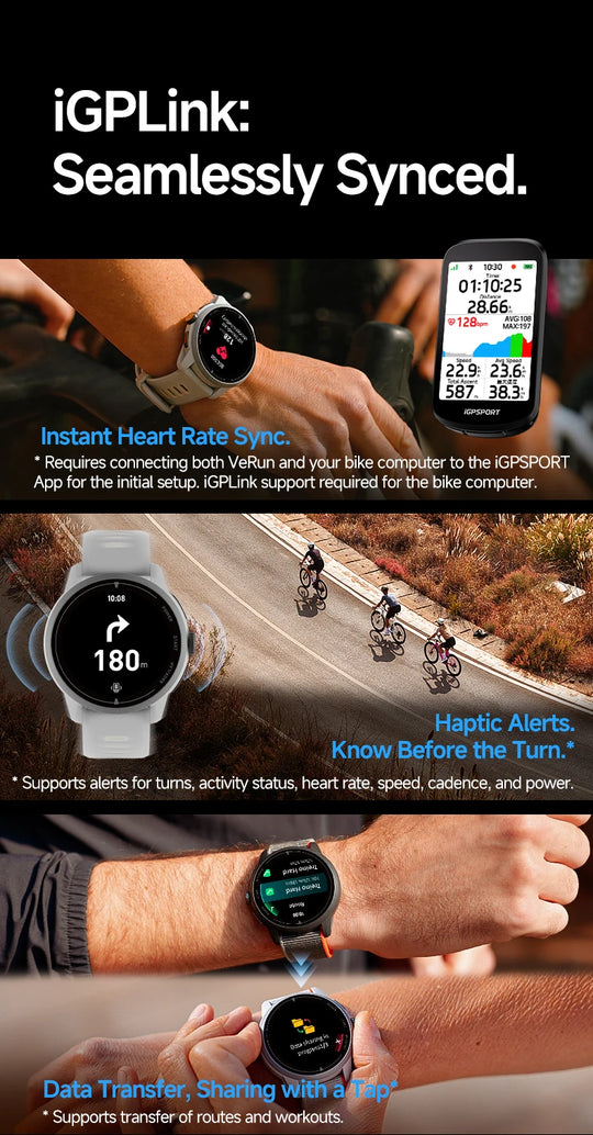 Infographic showing a GPS sports watch with heart rate tracking, cycling data, haptic alerts, and tap to share fitness data
