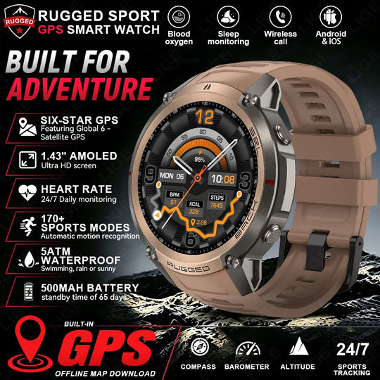 Rugged GPS smartwatch with brown strap, AMOLED display, heart rate monitoring, GPS, compass, barometer and altitude tracking