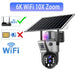 GPS solar outdoor PTZ security camera with solar panel and multiple lenses, labeled 6K WiFi and 10X Zoom, with WiFi shown and 4G crossed out