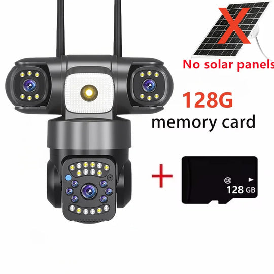 GPS outdoor PTZ security camera with three lens modules, dual antennas, central spotlight, and 128GB memory card shown; image notes no solar panels