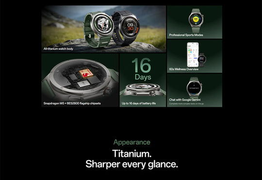 OnePlus Watch 4 smartwatch collage showing titanium design, sports modes, wellness tracking, dual engine chips, and 16 day battery life