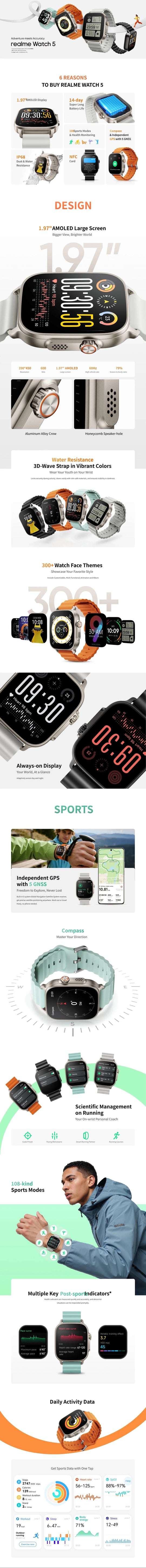 realme Watch 5 smartwatch collage showing AMOLED display, fitness tracking, GPS navigation, and interchangeable bands