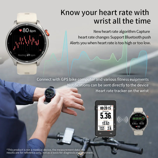 GPS outdoor sports smartwatch displaying heart rate tracking beside a cyclist and connected bike computer