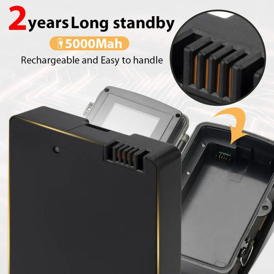 Open trail camera showing the rechargeable 5000mAh battery compartment and contacts with a two year standby claim