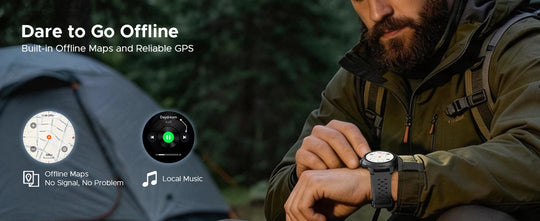 DOOGEE Anymoving M1 Pro smartwatch worn by a hiker outdoors, featuring offline maps, local music and reliable GPS