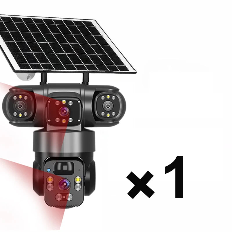 GPS solar powered outdoor security camera with rooftop panel, multiple lenses, infrared lights, and red motion detection beams for wide area monitoring