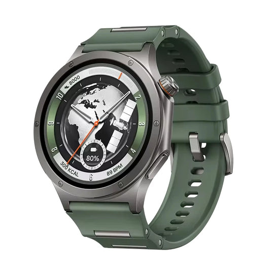 OnePlus smartwatch with a green strap, silver case, world map watch face, health metrics, and rotating crown on a white background