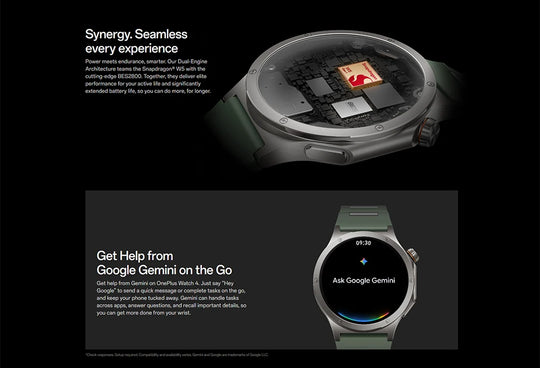 OnePlus smartwatch promotional graphic showing dual-engine technology and a watch face with Google Gemini voice assistant on a green strap