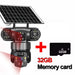 GPS solar outdoor security camera with multiple lenses, motion detection, built in battery, solar panel, and included 32GB memory card against a white background