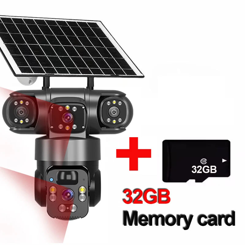 GPS solar outdoor security camera with multiple lenses, motion detection, built in battery, solar panel, and included 32GB memory card against a white background
