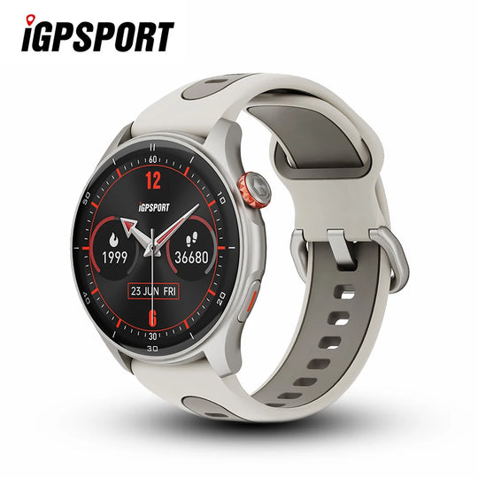 iGPSPORT LW10 outdoor GPS sports smartwatch in gray with round display, fitness stats, date, and matching silicone strap