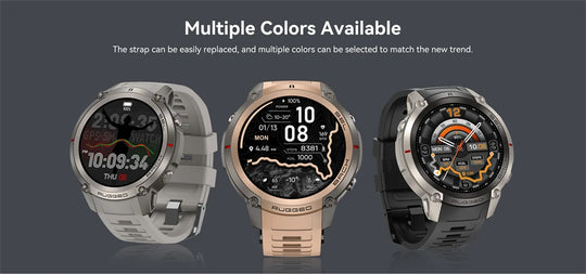 Three rugged GPS smartwatches with gray, rose gold, and black designs showing multiple color options and replaceable straps