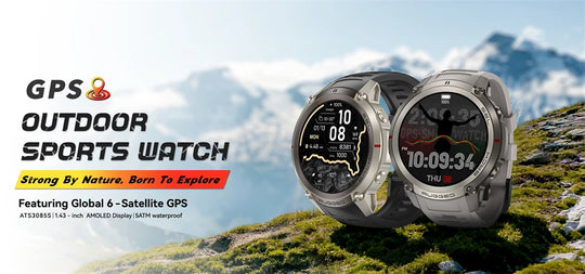 Two rugged GPS outdoor smartwatches with AMOLED displays against a mountain landscape for sports and adventure tracking