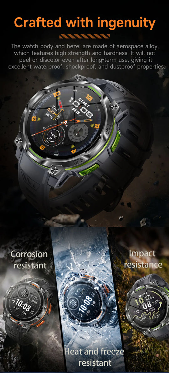 Rugged GPS smartwatch with black tactical design, six star display, and corrosion, impact, heat, and freeze resistance labels