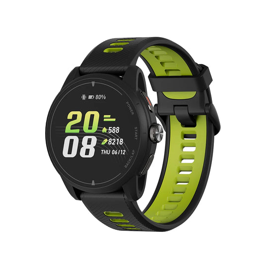 Black and lime green GPS sports smartwatch with round digital display showing 20:08, heart rate data and date on a silicone strap