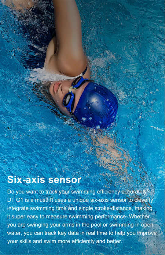 Swimmer wearing a GPS smartwatch underwater, highlighting its six axis sensor for accurate swimming efficiency tracking