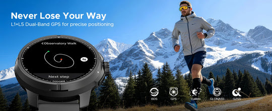 DOOGEE Anymoving M1 Pro smartwatch with dual band GPS display beside a runner on a mountain trail