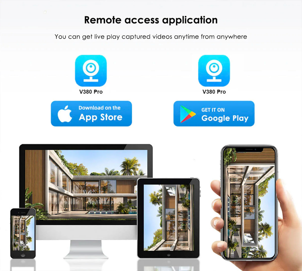 GPS outdoor security camera remote access infographic showing the V380 Pro app on Apple App Store and Google Play with live video displayed on a monitor tablet and phones