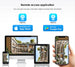 GPS outdoor security camera remote access infographic showing the V380 Pro app on Apple App Store and Google Play with live video displayed on a monitor tablet and phones