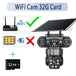 GPS solar powered outdoor security camera with triple upper lenses and lower lens, shown with WiFi support, no 4G SIM, and a 32 GB memory card