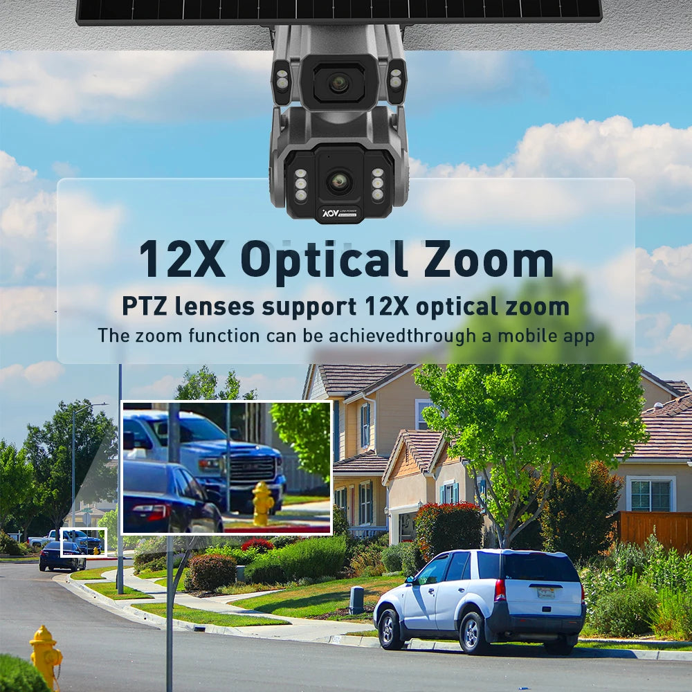 GPS solar powered outdoor security camera with dual PTZ lenses above a residential street, highlighting 12X optical zoom and mobile app control