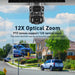 GPS solar powered outdoor security camera with dual PTZ lenses above a residential street, highlighting 12X optical zoom and mobile app control