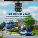 GPS solar powered outdoor security camera with dual PTZ lenses above a residential street, highlighting 12X optical zoom and mobile app control