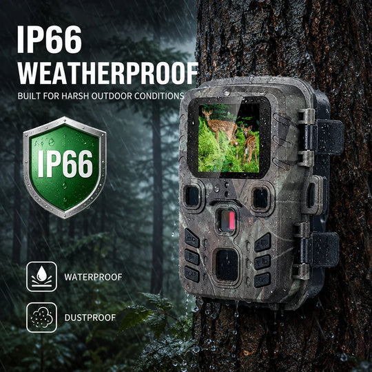 GPS trail camera mounted on a tree with wildlife displayed on screen and IP66 waterproof and dustproof markings