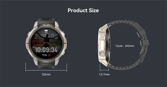 Product size diagram of a rugged GPS smartwatch showing 52 mm width, 13.7 mm thickness, and 240 mm wristband circumference