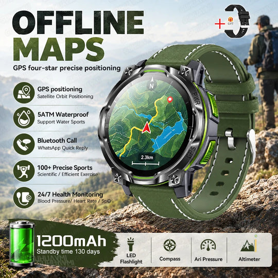 GPS tactical smartwatch with offline map display, green strap, built in flashlight, compass, altimeter, and 1200mAh battery