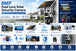 Product infographic for a GPS 8MP dual lens solar security camera with PTZ viewing, 7200mAh battery, 5GHz WiFi, two way audio, night vision, and motion alerts