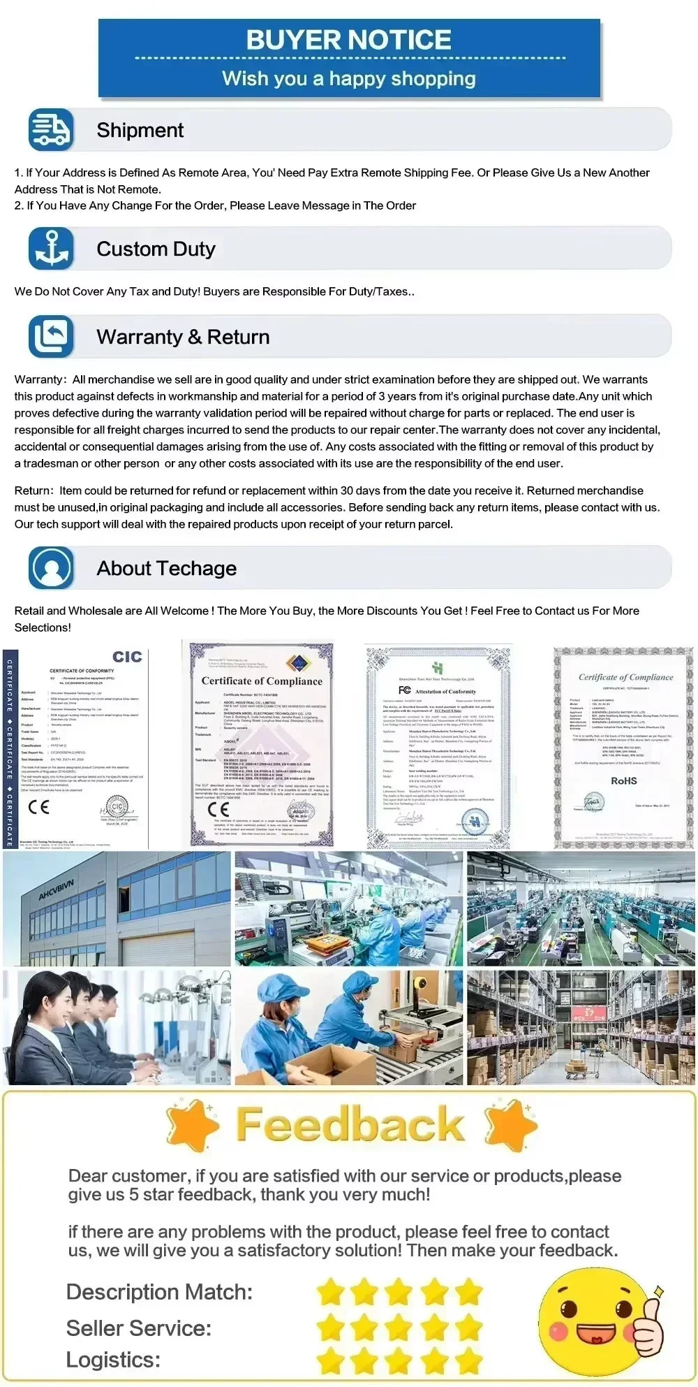 Buyer notice infographic from GPS covering shipping, customs, warranty and returns, package photo requirements, product certificates, company facilities, customer service, and feedback ratings
