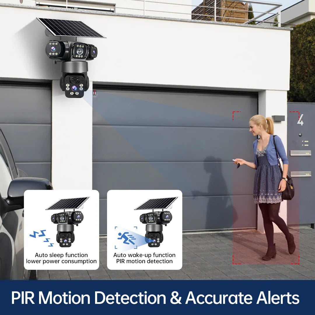 GPS solar-powered outdoor security camera with triple lenses, PIR motion detection, auto wake low power operation, and accurate alerts for a woman near a garage door