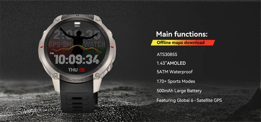 GPS rugged smartwatch with AMOLED display, offline maps, 5ATM waterproofing, 170 plus sports modes and satellite GPS