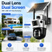 GPS dual lens solar powered PTZ security camera with upper fixed and lower pan tilt lenses, rooftop solar panel, and example home and driveway views.