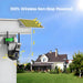 GPS solar powered wireless outdoor security camera mounted on a house with a solar panel, adjustable PTZ lens, and arrows showing continuous charging and coverage