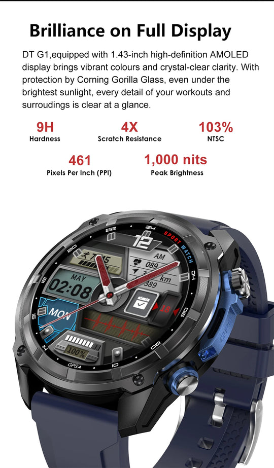Rugged GPS smartwatch with AMOLED display, blue and black case, analog digital face, blue strap, and 1000 nit brightness specification