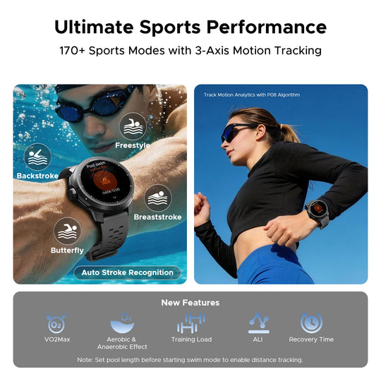 DOOGEE M1 Pro smartwatch sports infographic showing swimming and running, 170 plus sports modes, motion tracking, and training metrics