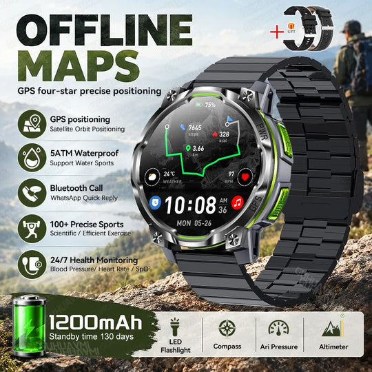 GPS tactical smartwatch featuring offline maps, GPS positioning, 1200mAh battery, built in flashlight, compass and health tracking
