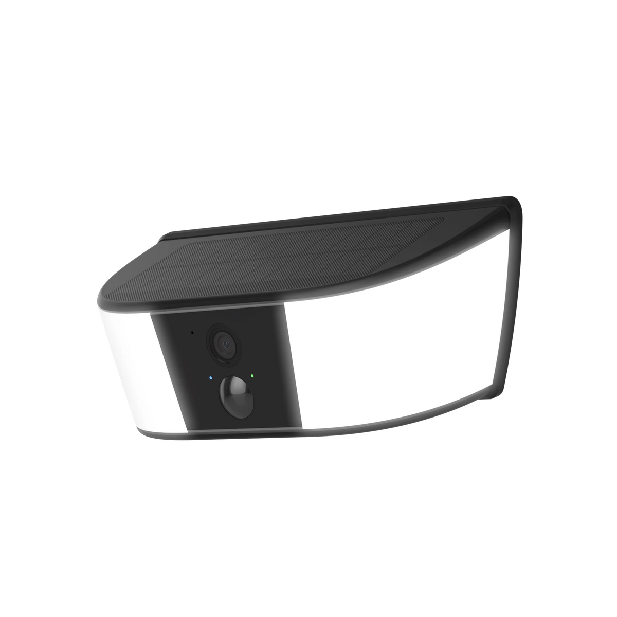 GPS outdoor solar wall light with built in security camera, black solar panel top, wide white LED panels, and motion sensor for home protection