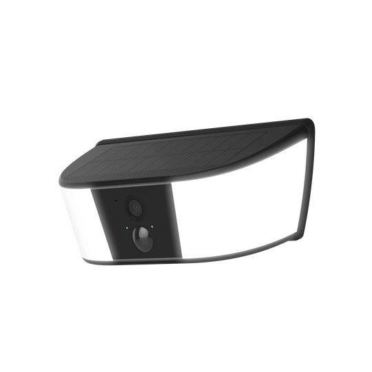 GPS outdoor solar wall light with built in security camera, black solar panel top, wide white LED panels, and motion sensor for home protection