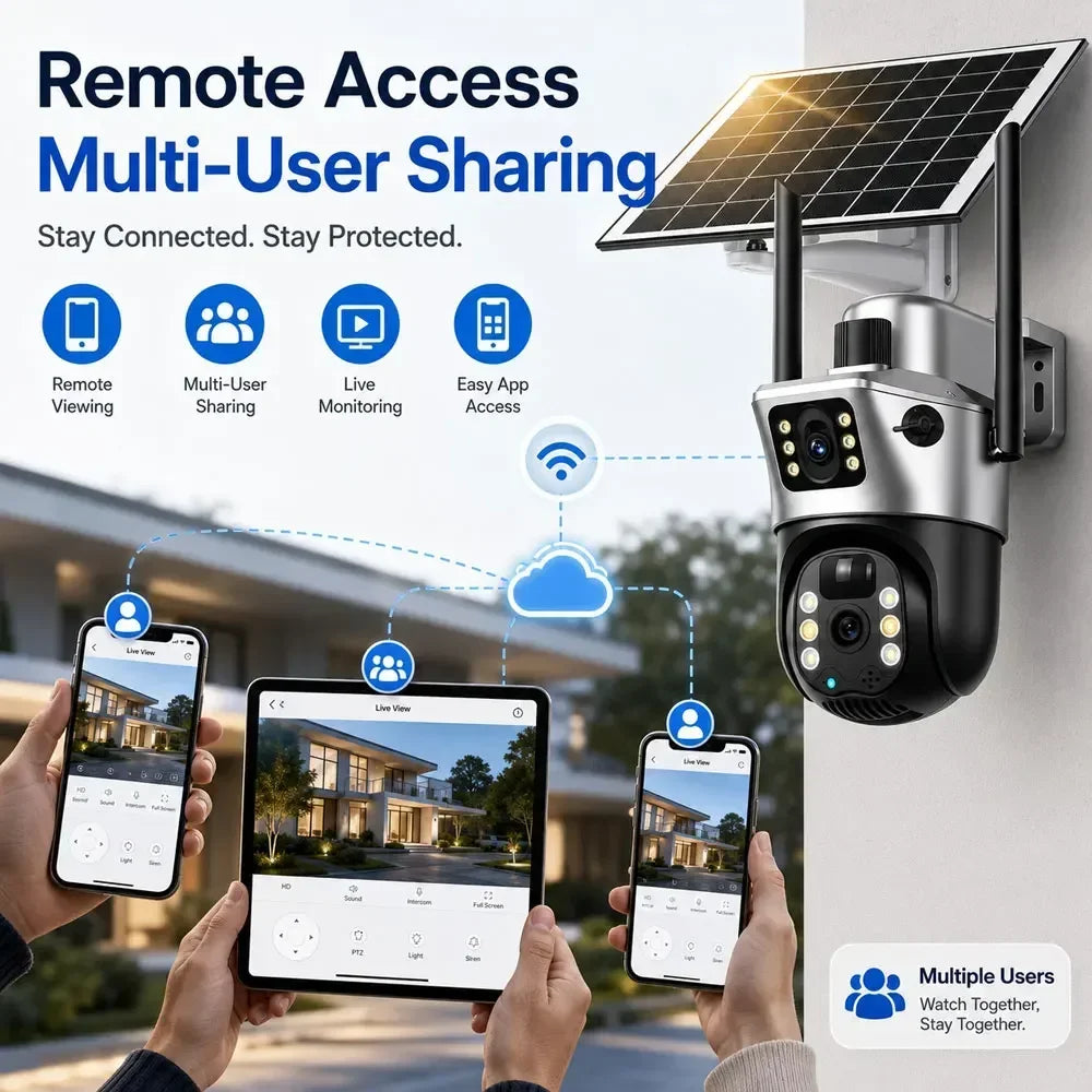 GPS solar powered dual lens PTZ security camera mounted outdoors with remote viewing, multi user sharing, live monitoring, and mobile app access on phones and tablet