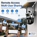 GPS solar powered dual lens PTZ security camera mounted outdoors with remote viewing, multi user sharing, live monitoring, and mobile app access on phones and tablet