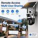 GPS solar powered dual lens PTZ security camera mounted outdoors with remote viewing, multi user sharing, live monitoring, and mobile app access on phones and tablet