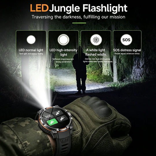 GPS tactical smartwatch on a gloved wrist with LED jungle flashlight modes for normal light high intensity white flash and SOS signal