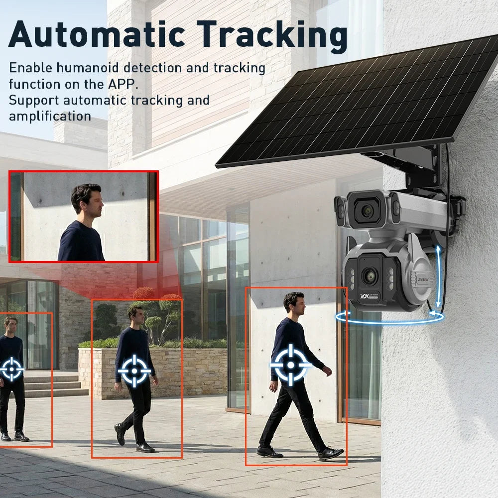 GPS outdoor solar surveillance camera with automatic human tracking, dual camera lenses, and a roof mounted solar panel monitoring people near a building