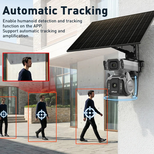 GPS outdoor solar surveillance camera with automatic human tracking, dual camera lenses, and a roof mounted solar panel monitoring people near a building